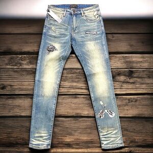 New Men's 30 Richie Le Collection Blue Jeans with Graphic Patches